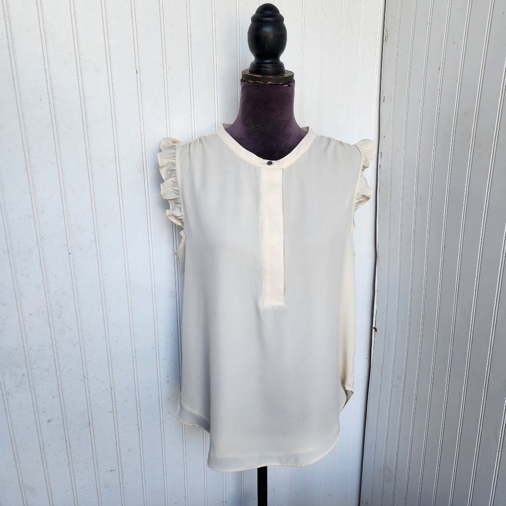 DKNY Shirt Womens Off White Cream Ruffle Sleeveless Blouse Cottagecore Sz L